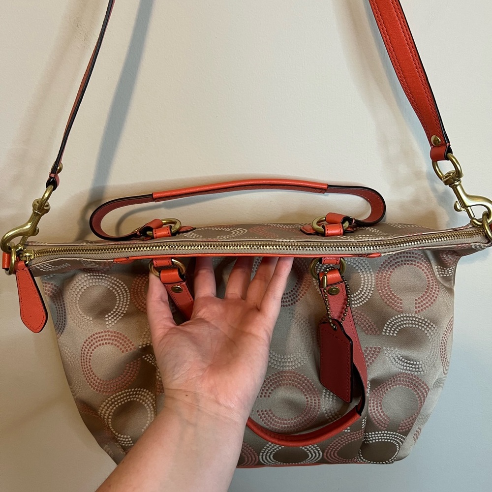 Coach Ashley Dotted Op Art Coral and Beige Tote Bag - Picture 7 of 12